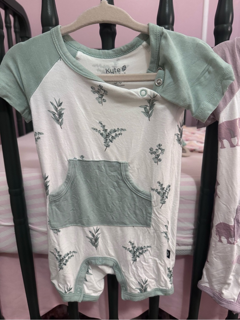 Kyte BABY Sage Green and White Botanical Short Sleeve One-Piece